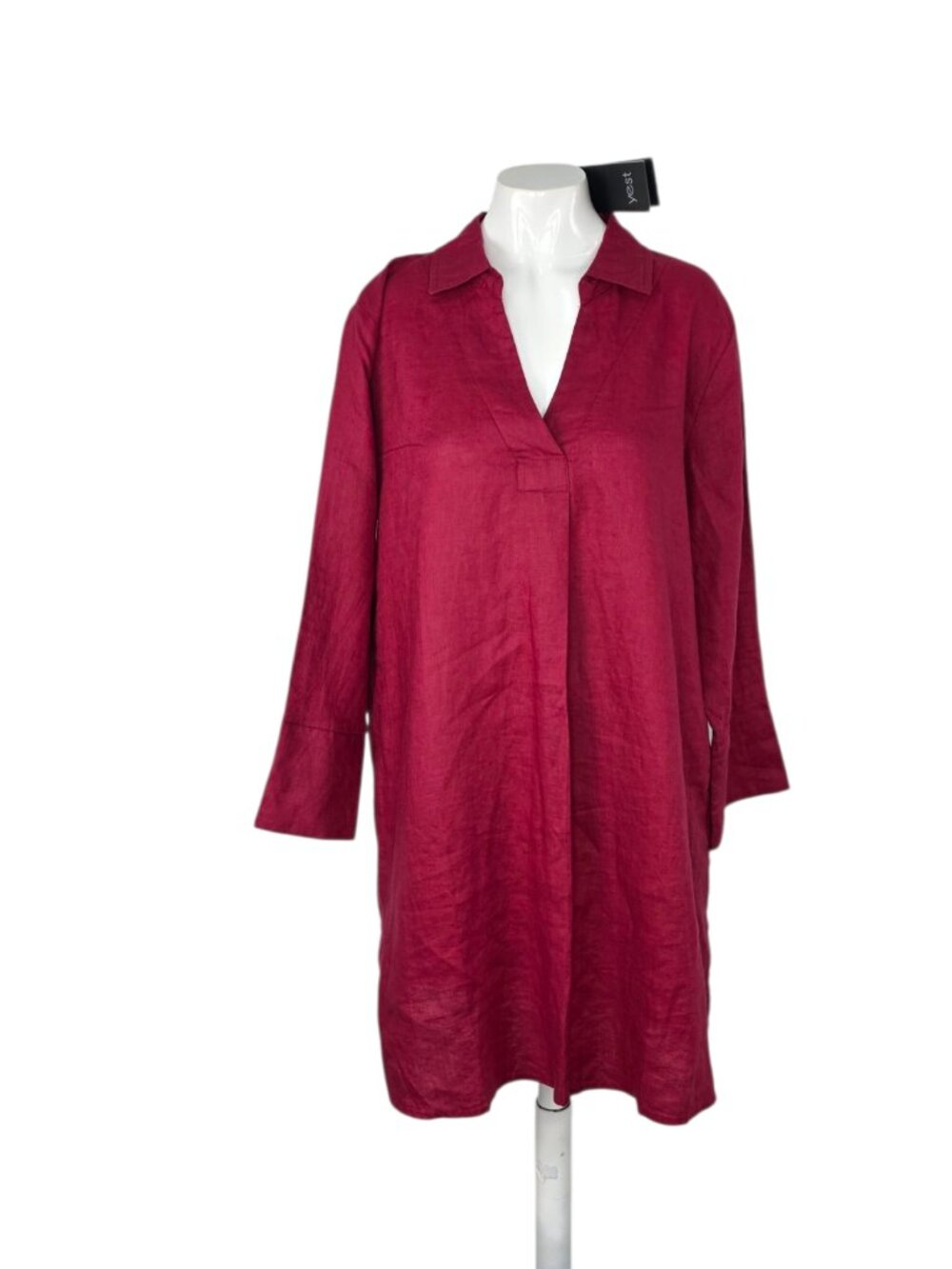 Yest 100% Linen V-Neck Tunic Shirt Dress, Port Red, Size US 8, Collared